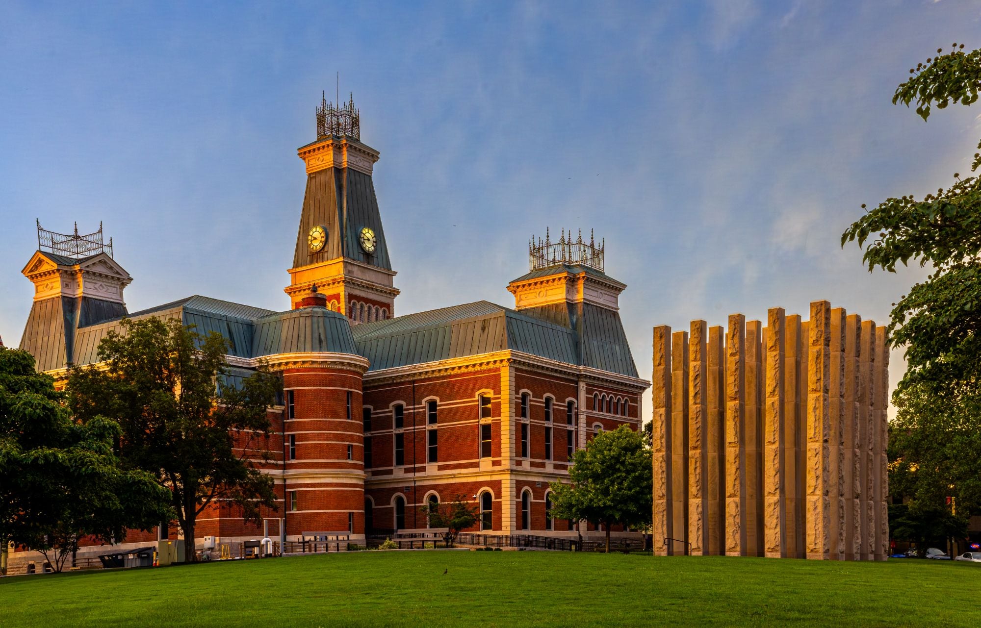 The Bartholomew County Courthouse in Columbus, Indiana, at golden hour